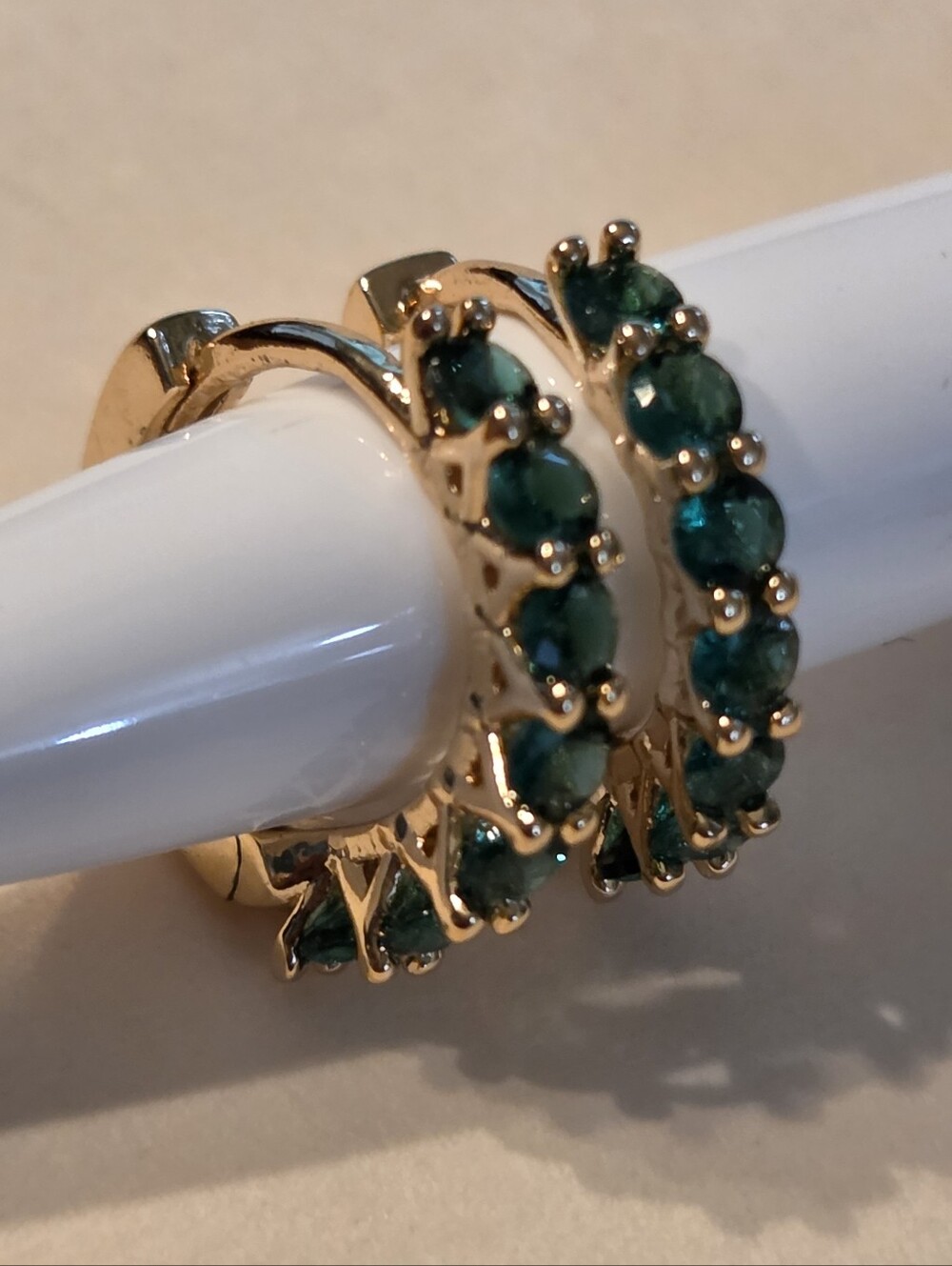 Gold Toned Hoop Earrings with Green Stones - Women Jewelry